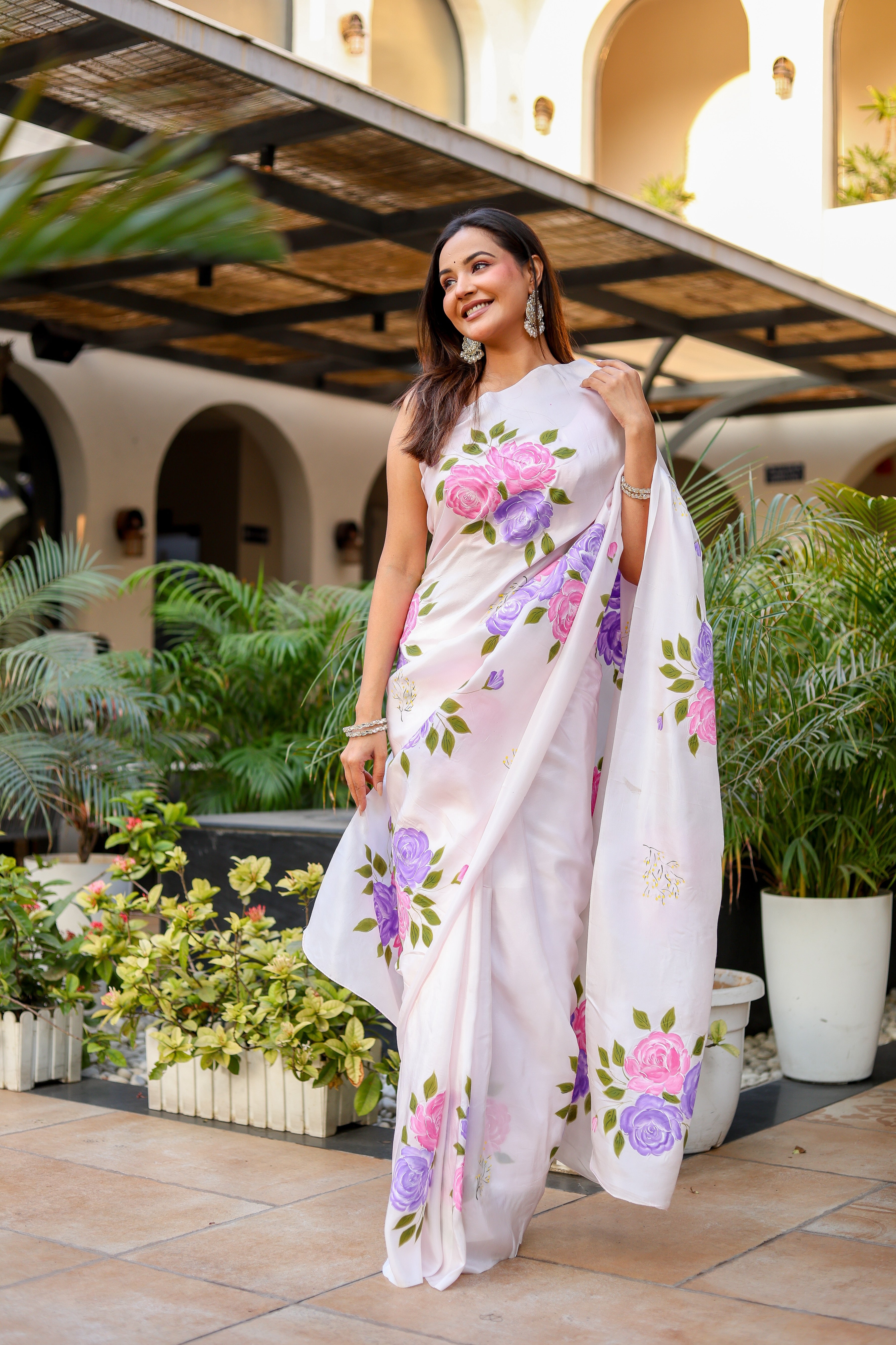 Graceful Petals (Pure Mulberry Silk Hand Painted Saree)
