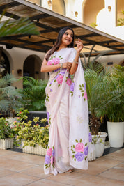 Graceful Petals (Pure Mulberry Silk Hand Painted Saree)