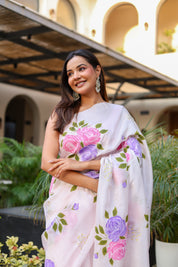 Graceful Petals (Pure Mulberry Silk Hand Painted Saree)