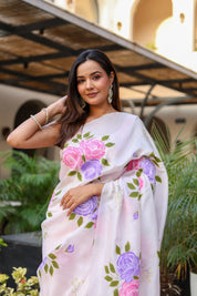 Graceful Petals (Pure Mulberry Silk Hand Painted Saree)