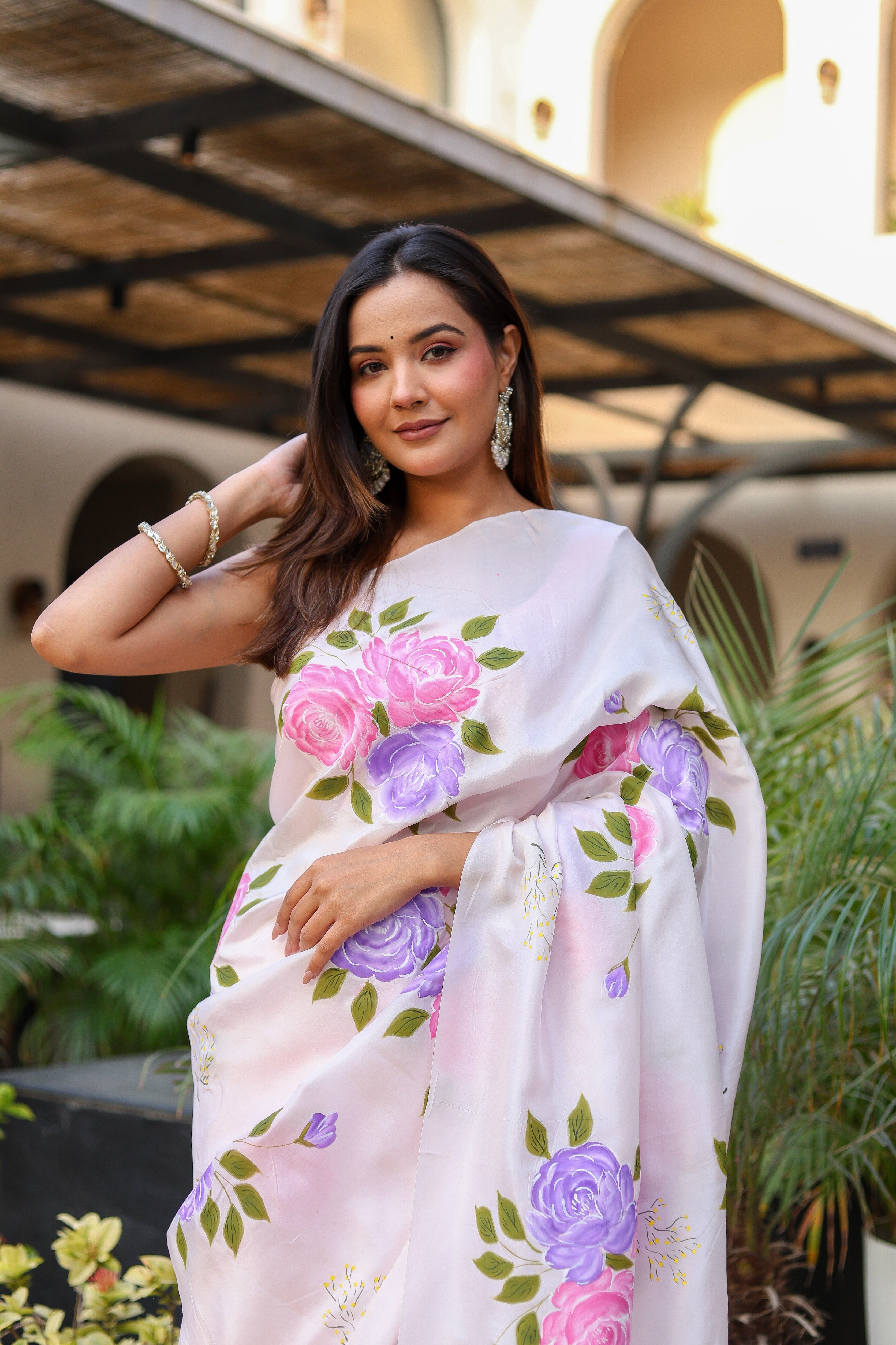 Graceful Petals (Pure Mulberry Silk Hand Painted Saree)
