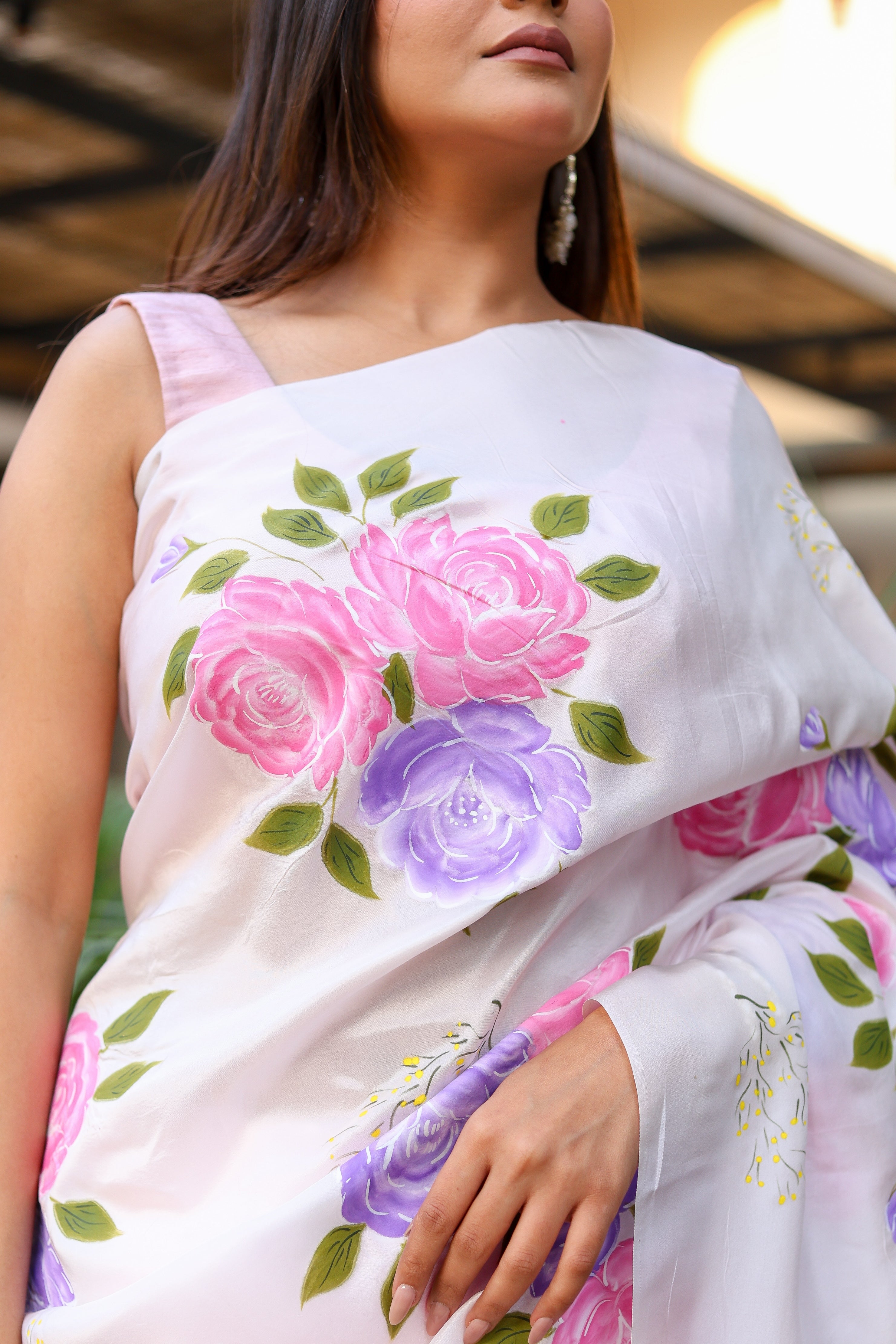 Graceful Petals (Pure Mulberry Silk Hand Painted Saree)