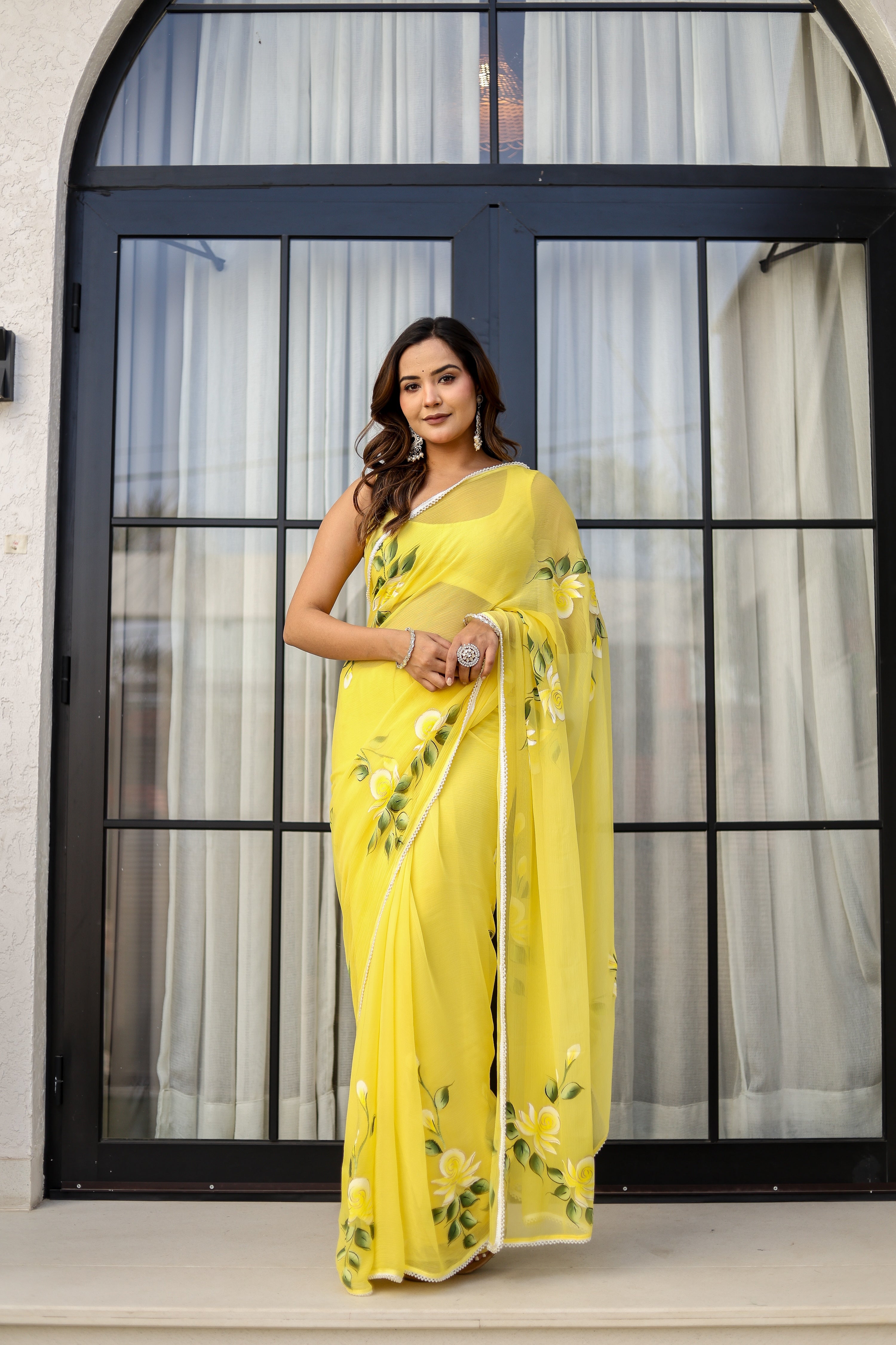 Sunlit Bloom (Handpainted pure viscose chiffon saree with pearl border)
