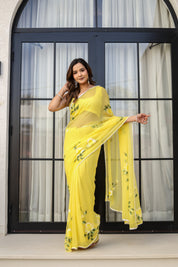 Sunlit Bloom (Handpainted pure viscose chiffon saree with pearl border)