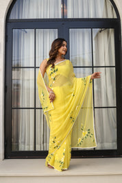 Sunlit Bloom (Handpainted pure viscose chiffon saree with pearl border)