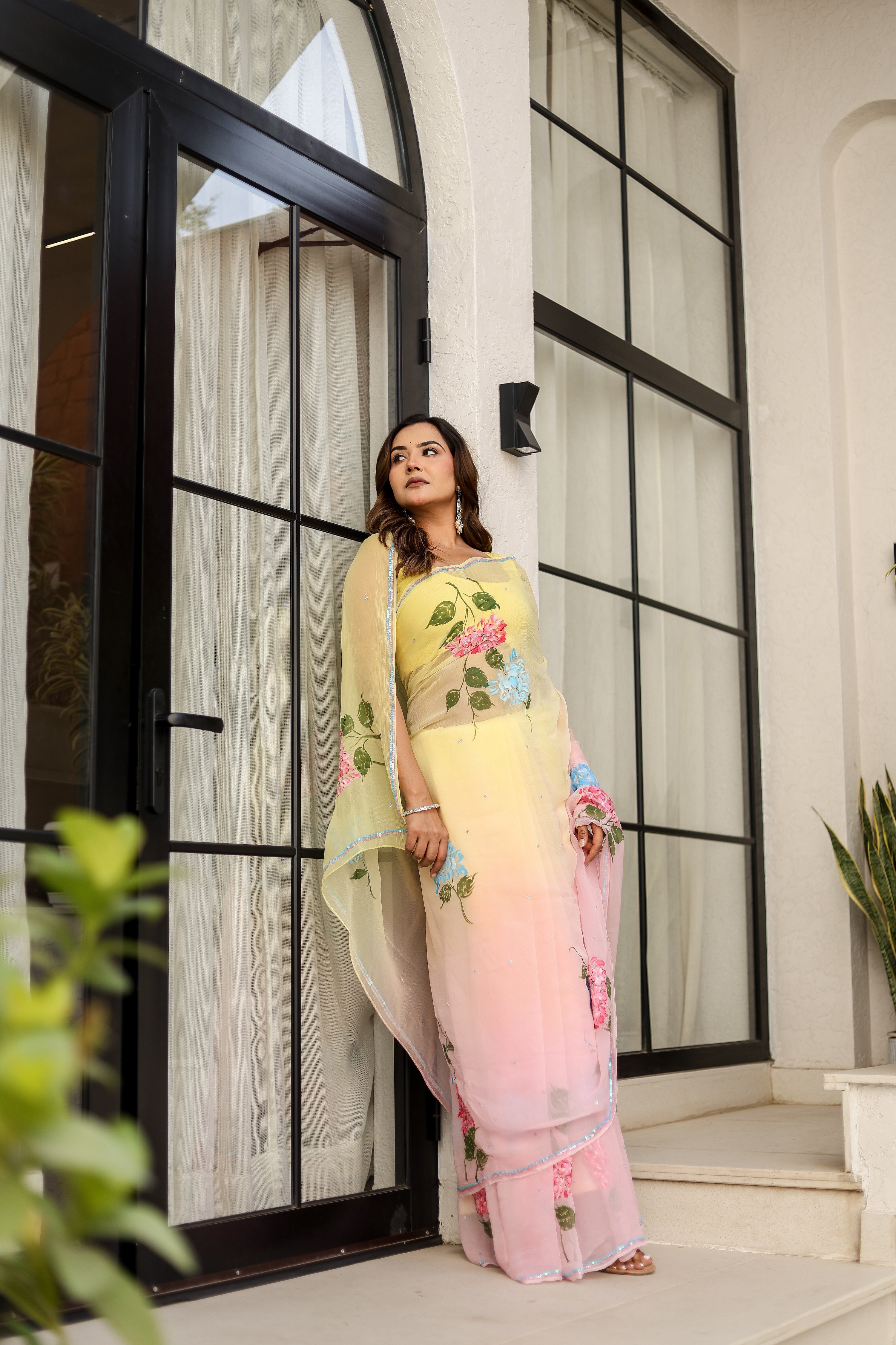 Blush & Bloom (Handpainted pure viscose chiffon saree with sequins work)