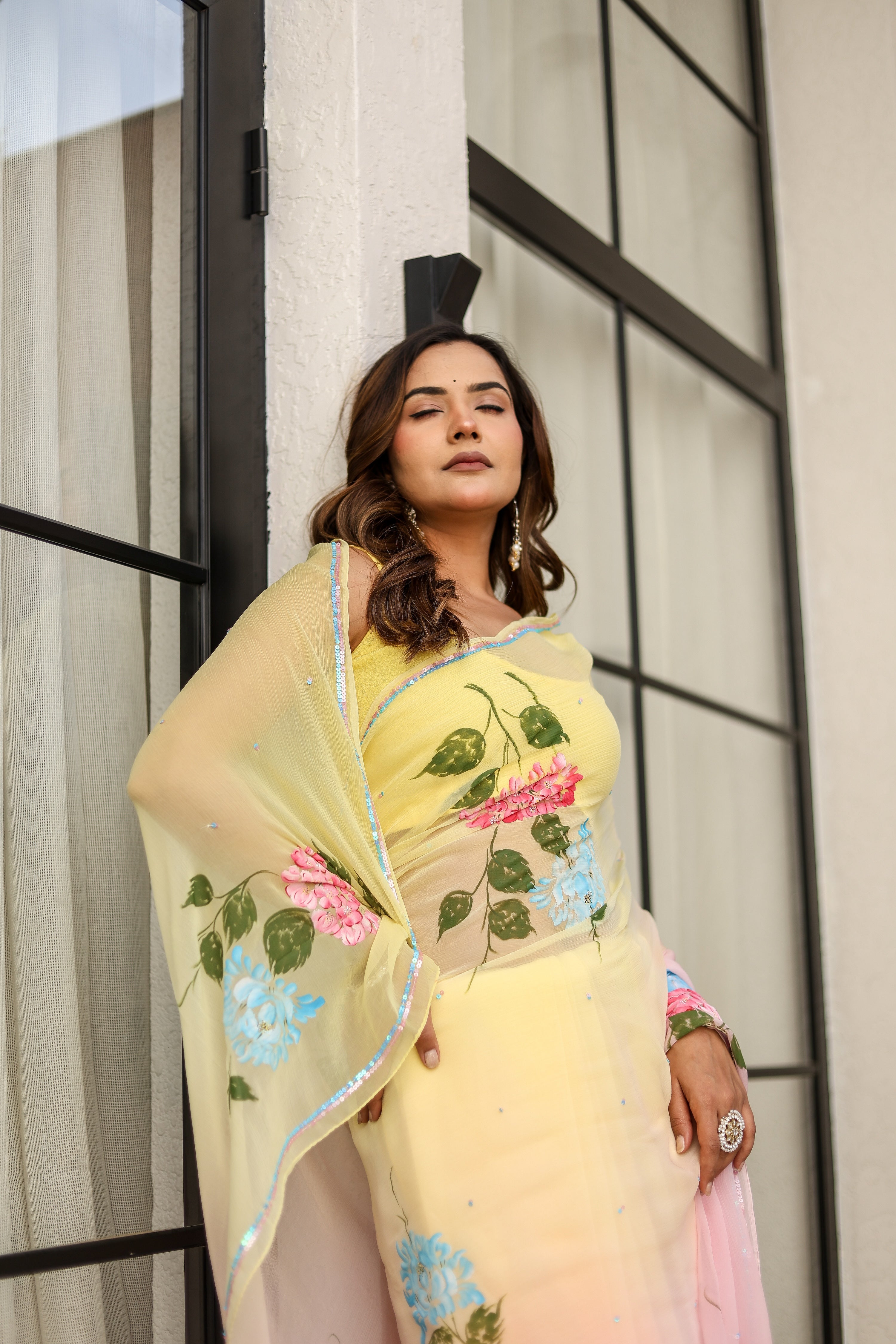 Blush & Bloom (Handpainted pure viscose chiffon saree with sequins work)