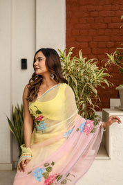 Blush & Bloom (Handpainted pure viscose chiffon saree with sequins work)