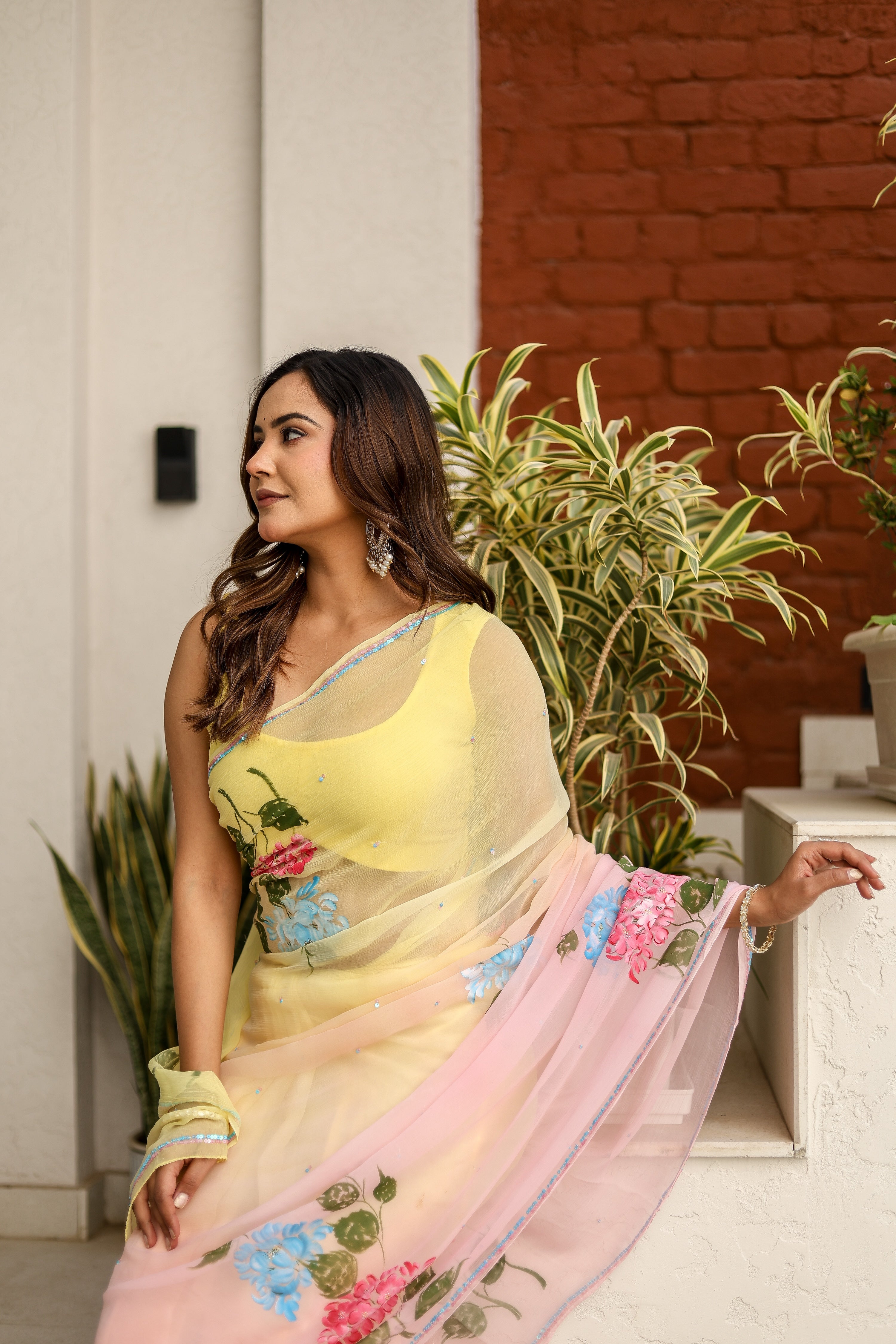 Blush & Bloom (Handpainted pure viscose chiffon saree with sequins work)