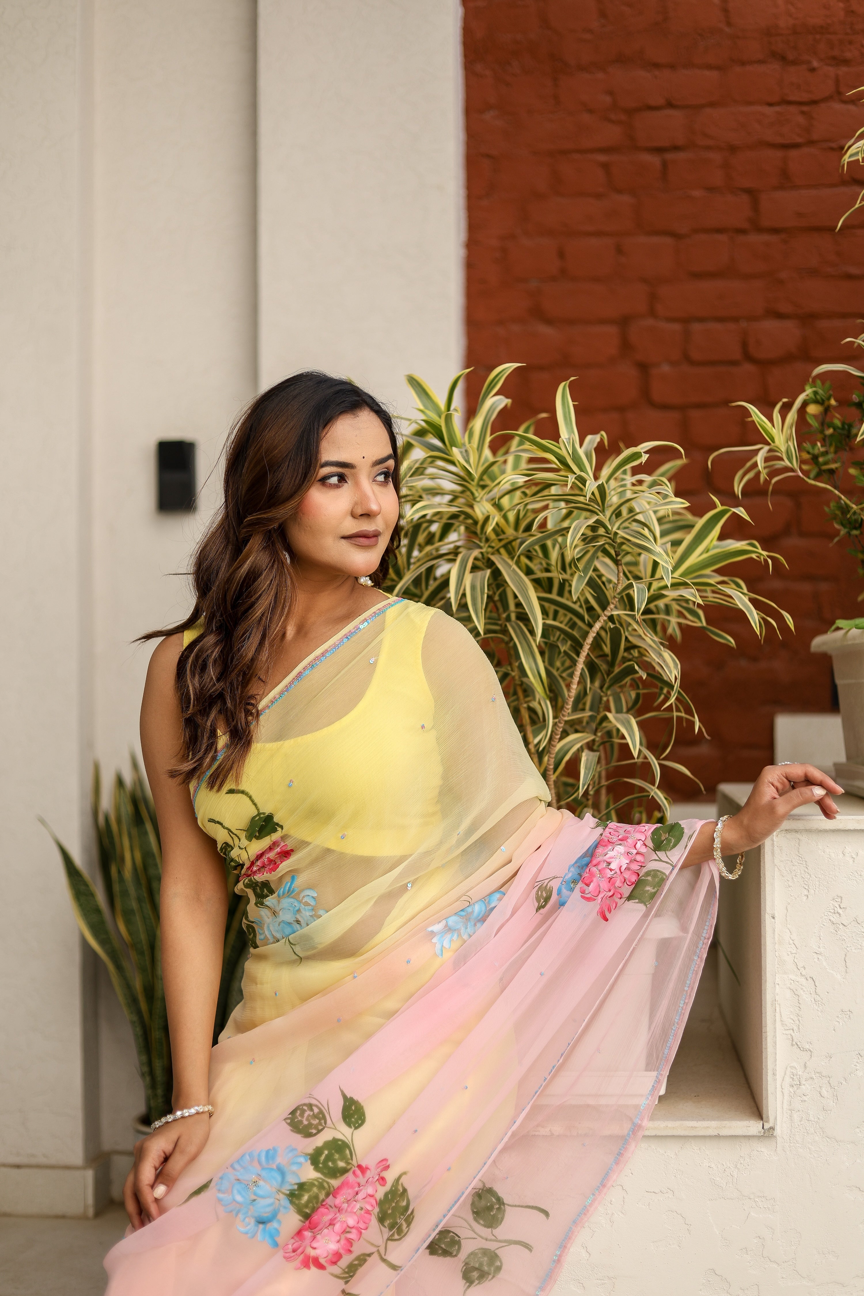 Blush & Bloom (Handpainted pure viscose chiffon saree with sequins work)