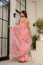 Rosewater Bloom (Handpainted pure viscose chiffon saree with scalloped border)