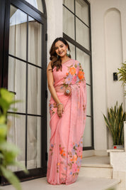Rosewater Bloom (Handpainted pure viscose chiffon saree with scalloped border)