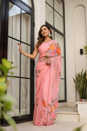 Rosewater Bloom (Handpainted pure viscose chiffon saree with scalloped border)