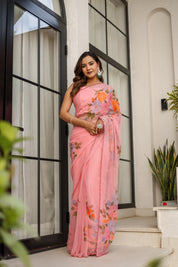 Rosewater Bloom (Handpainted pure viscose chiffon saree with scalloped border)