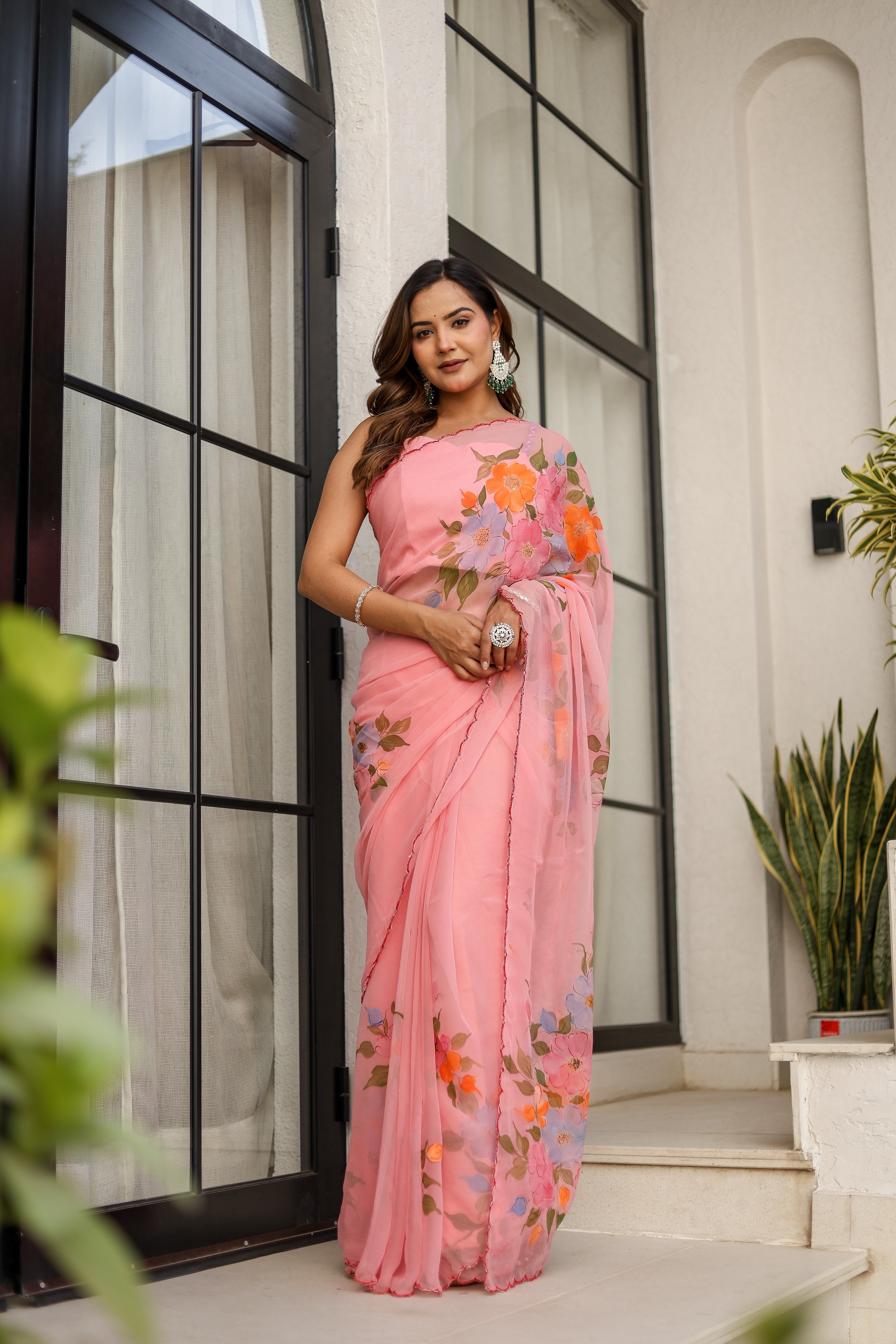 Rosewater Bloom (Handpainted pure viscose chiffon saree with scalloped border)