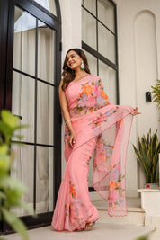 Rosewater Bloom (Handpainted pure viscose chiffon saree with scalloped border)