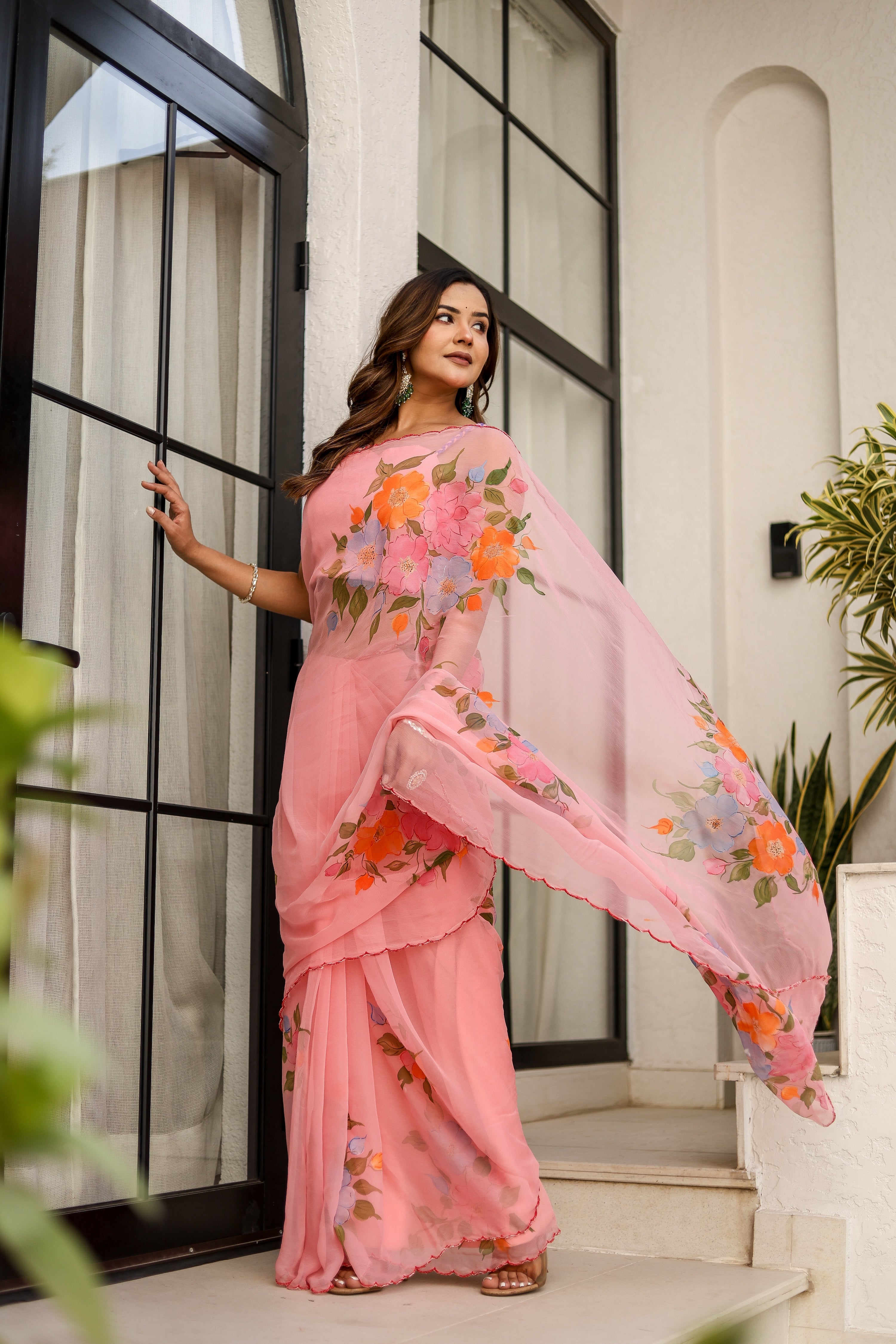 Rosewater Bloom (Handpainted pure viscose chiffon saree with scalloped border)