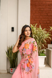 Rosewater Bloom (Handpainted pure viscose chiffon saree with scalloped border)