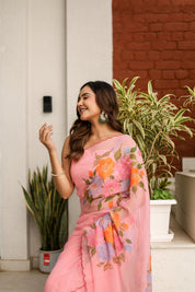 Rosewater Bloom (Handpainted pure viscose chiffon saree with scalloped border)