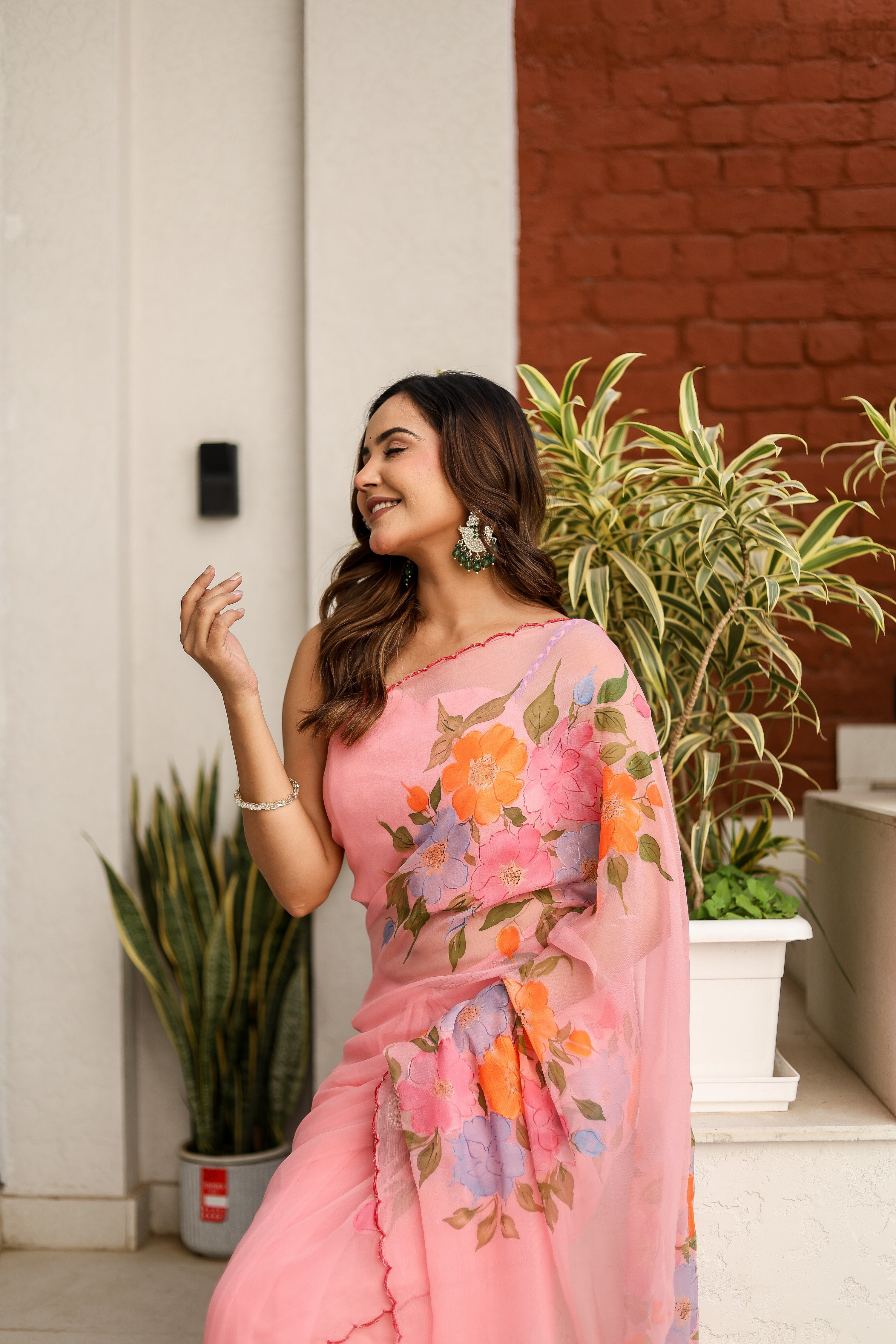 Rosewater Bloom (Handpainted pure viscose chiffon saree with scalloped border)