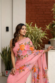 Rosewater Bloom (Handpainted pure viscose chiffon saree with scalloped border)