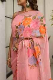 Rosewater Bloom (Handpainted pure viscose chiffon saree with scalloped border)
