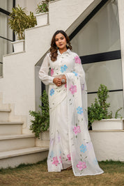 Moonlit Florals (Handpainted pure viscose chiffon saree with sequins work and pearl border)