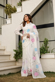 Moonlit Florals (Handpainted pure viscose chiffon saree with sequins work and pearl border)