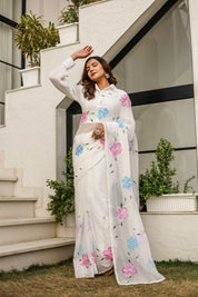 Moonlit Florals (Handpainted pure viscose chiffon saree with sequins work and pearl border)