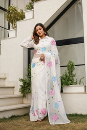 Moonlit Florals (Handpainted pure viscose chiffon saree with sequins work and pearl border)