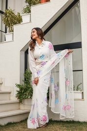 Moonlit Florals (Handpainted pure viscose chiffon saree with sequins work and pearl border)