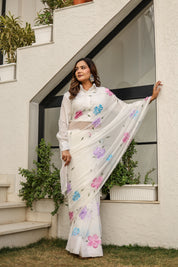 Moonlit Florals (Handpainted pure viscose chiffon saree with sequins work and pearl border)