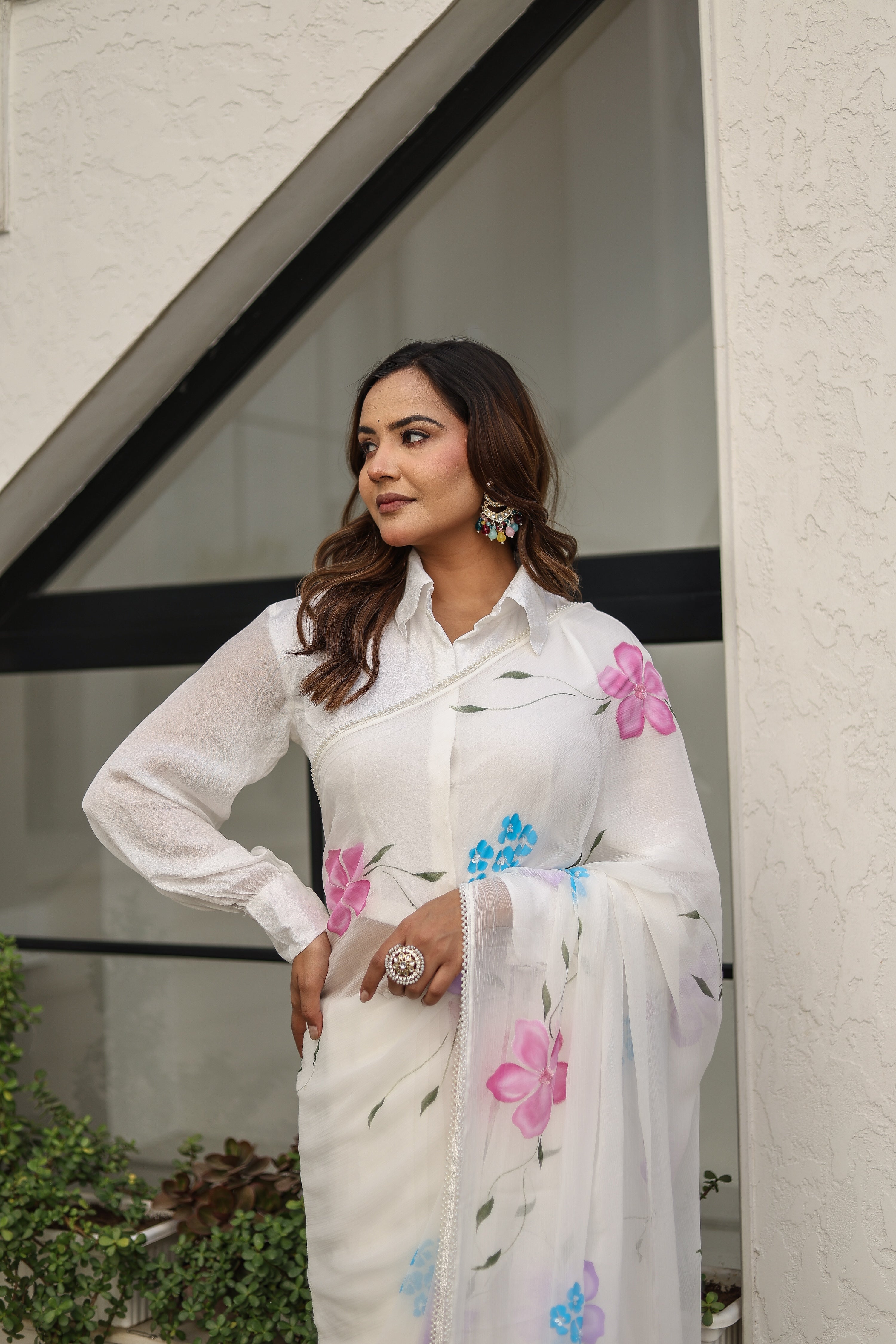 Moonlit Florals (Handpainted pure viscose chiffon saree with sequins work and pearl border)