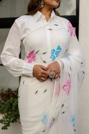 Moonlit Florals (Handpainted pure viscose chiffon saree with sequins work and pearl border)