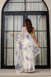 Ivory Lilac Grace (Handpainted pure viscose chiffon saree with scalloped border)