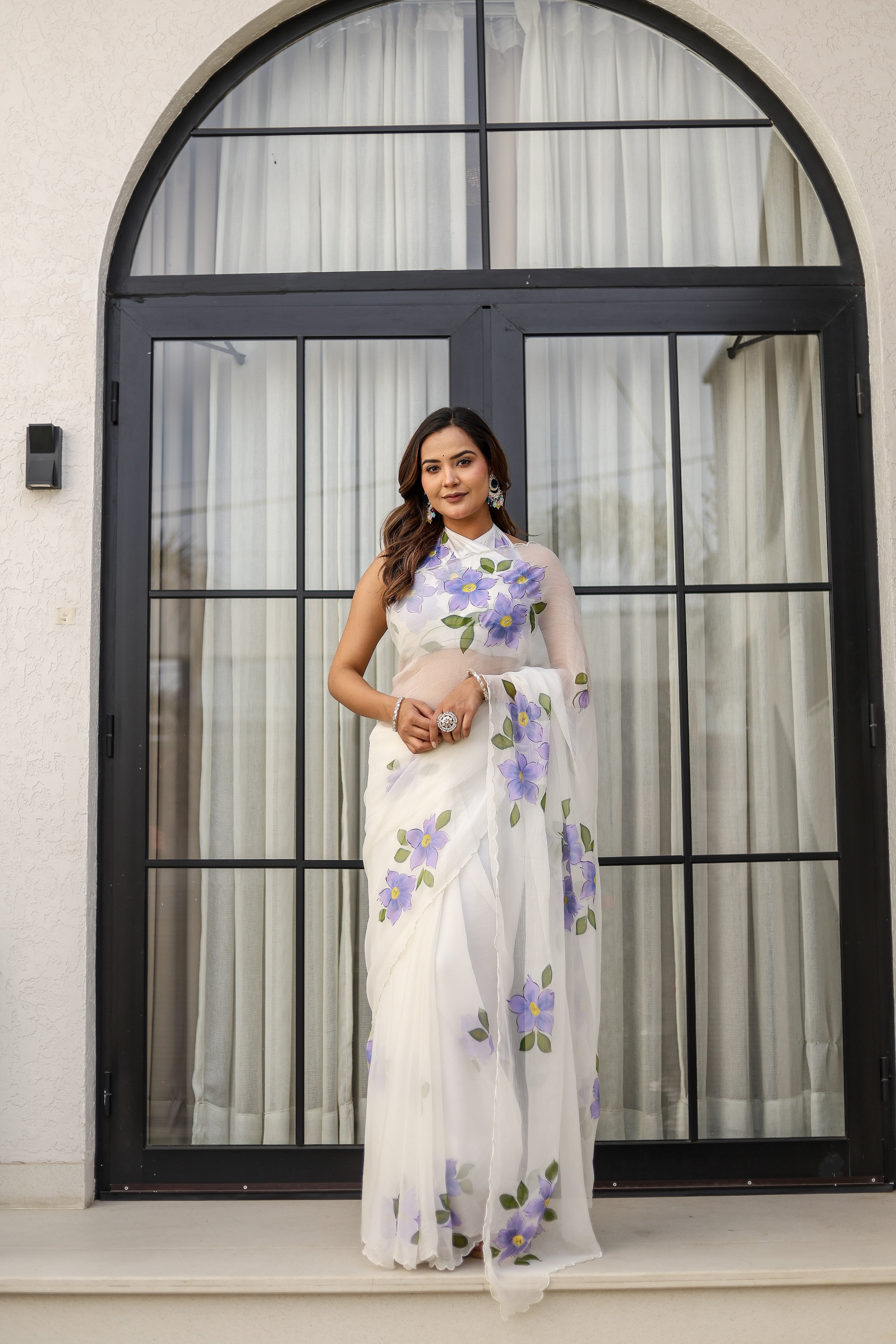 Ivory Lilac Grace (Handpainted pure viscose chiffon saree with scalloped border)