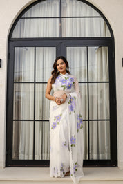 Ivory Lilac Grace (Handpainted pure viscose chiffon saree with scalloped border)