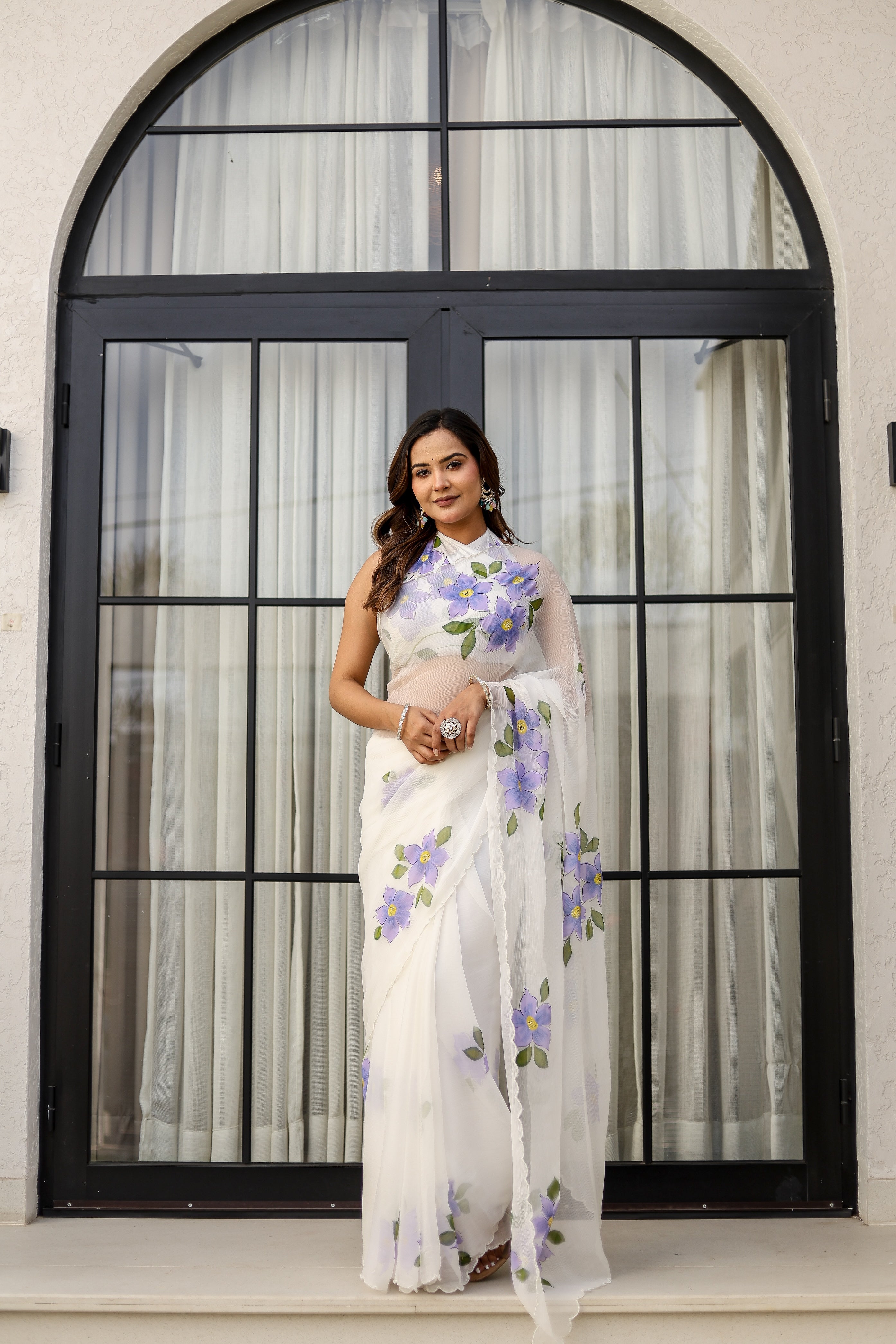 Ivory Lilac Grace (Handpainted pure viscose chiffon saree with scalloped border)