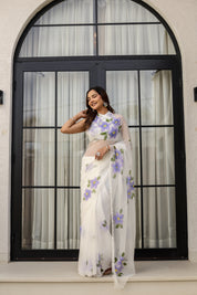 Ivory Lilac Grace (Handpainted pure viscose chiffon saree with scalloped border)