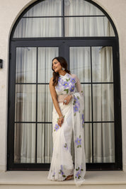 Ivory Lilac Grace (Handpainted pure viscose chiffon saree with scalloped border)