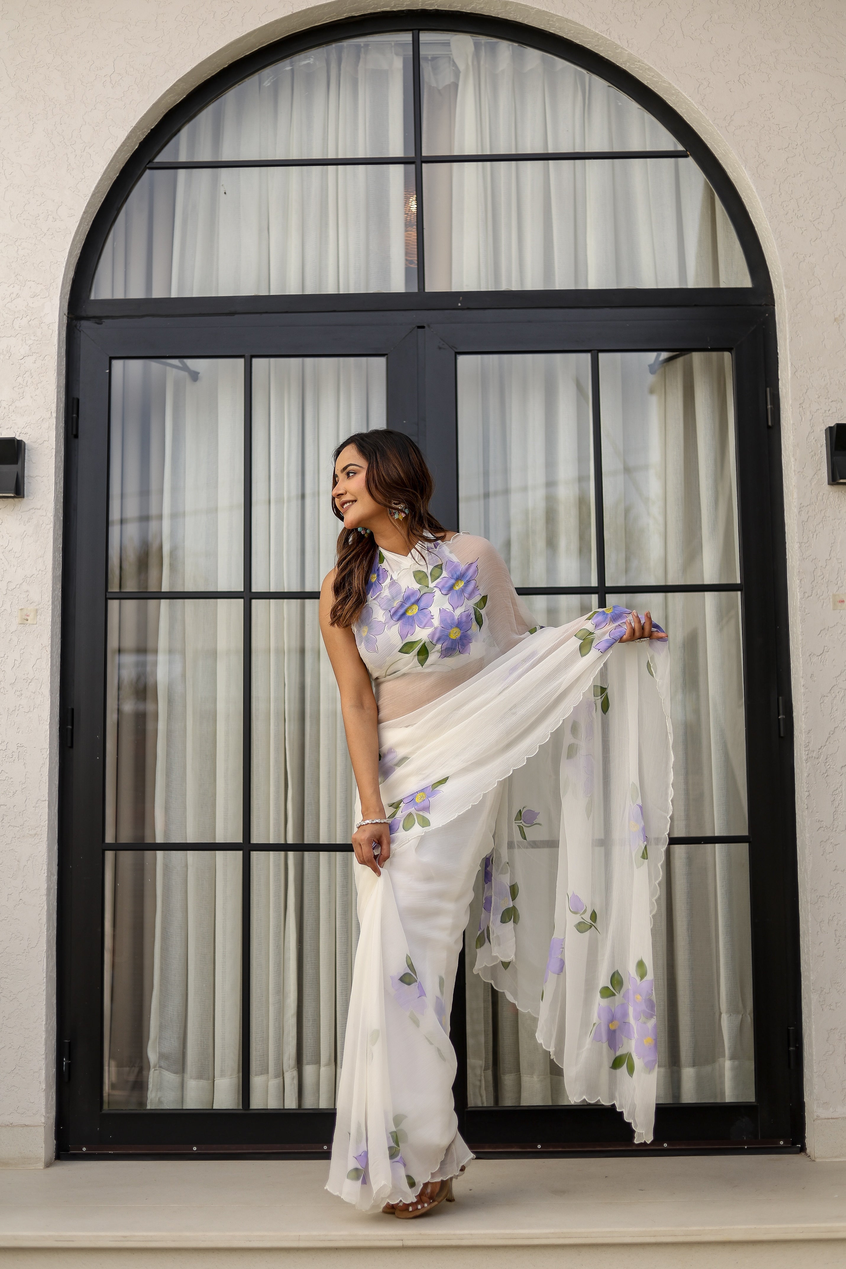 Ivory Lilac Grace (Handpainted pure viscose chiffon saree with scalloped border)
