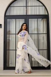 Ivory Lilac Grace (Handpainted pure viscose chiffon saree with scalloped border)