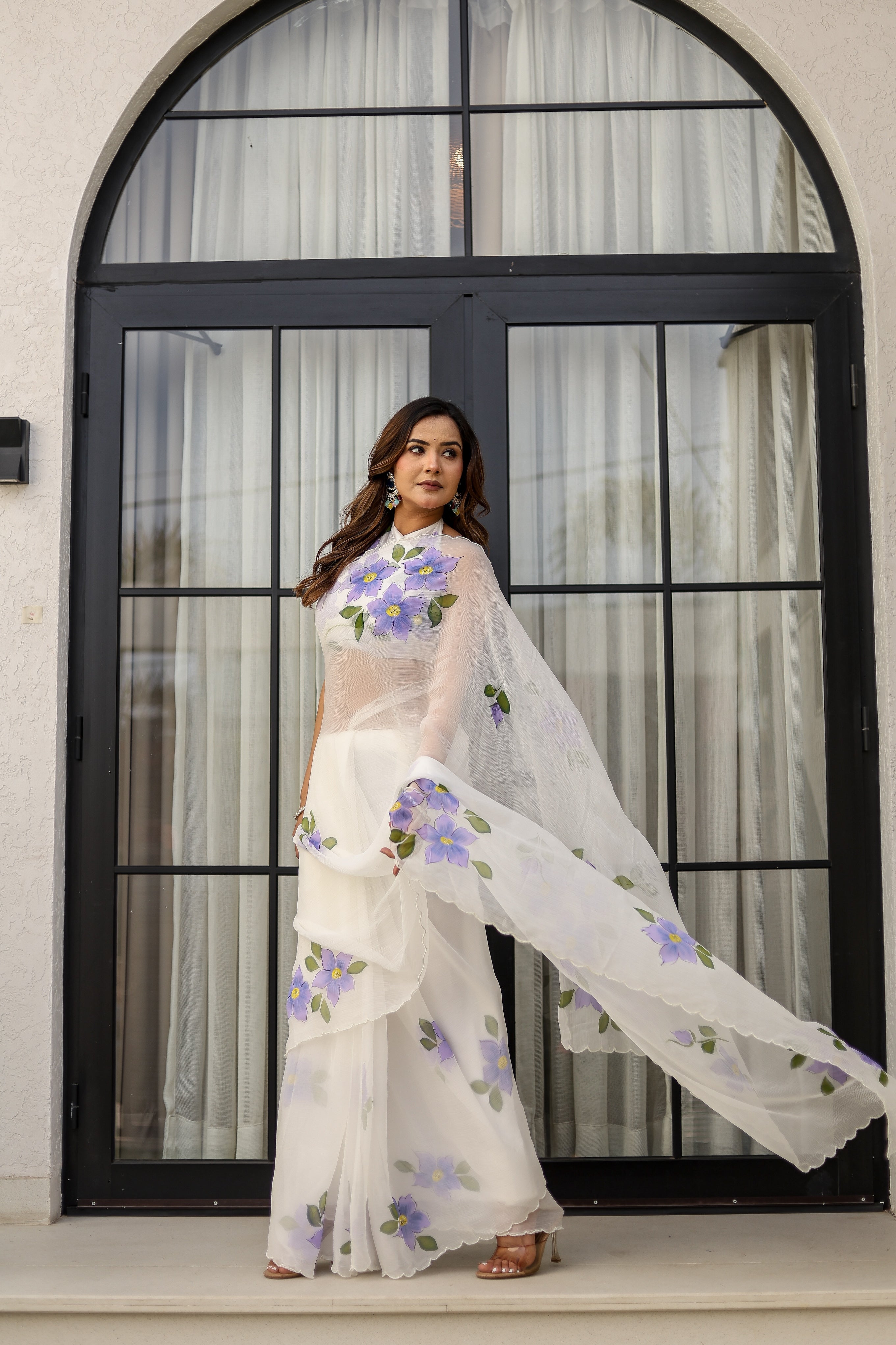 Ivory Lilac Grace (Handpainted pure viscose chiffon saree with scalloped border)