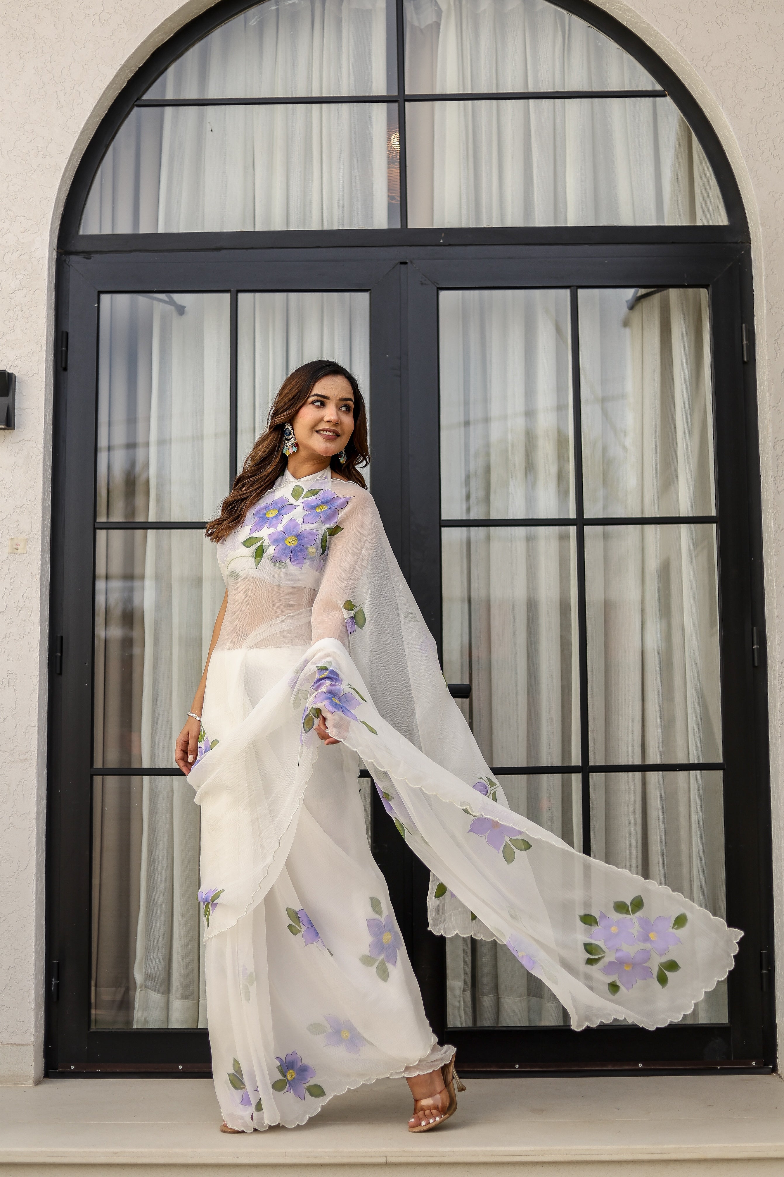 Ivory Lilac Grace (Handpainted pure viscose chiffon saree with scalloped border)