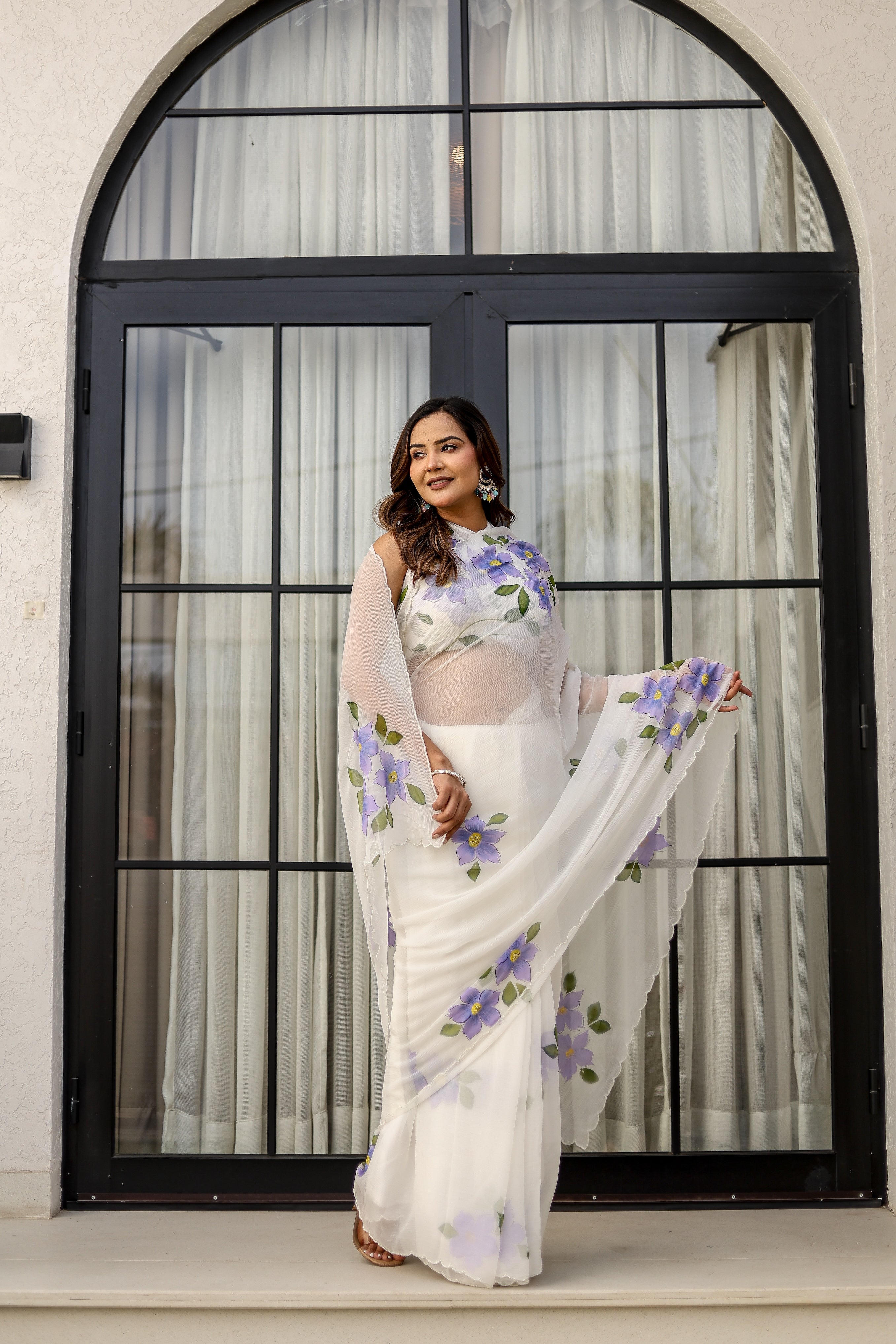 Ivory Lilac Grace (Handpainted pure viscose chiffon saree with scalloped border)