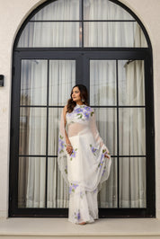 Ivory Lilac Grace (Handpainted pure viscose chiffon saree with scalloped border)