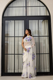 Ivory Lilac Grace (Handpainted pure viscose chiffon saree with scalloped border)
