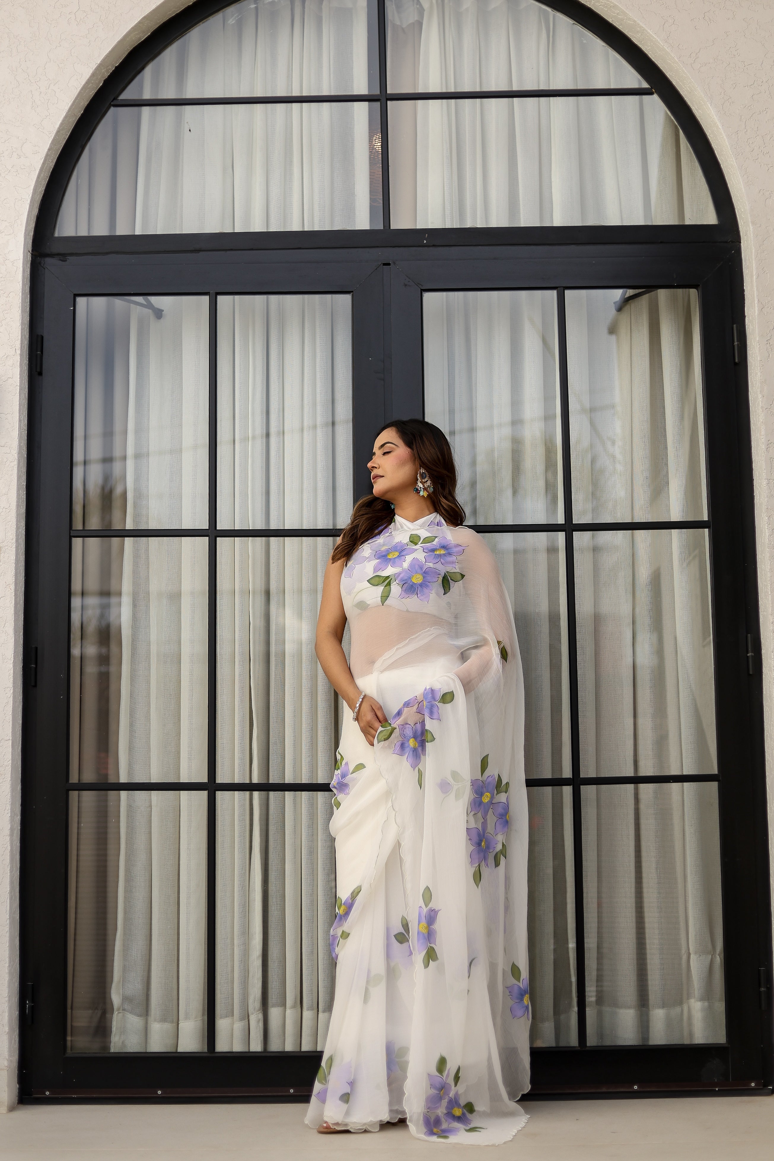 Ivory Lilac Grace (Handpainted pure viscose chiffon saree with scalloped border)
