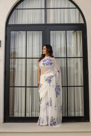 Ivory Lilac Grace (Handpainted pure viscose chiffon saree with scalloped border)
