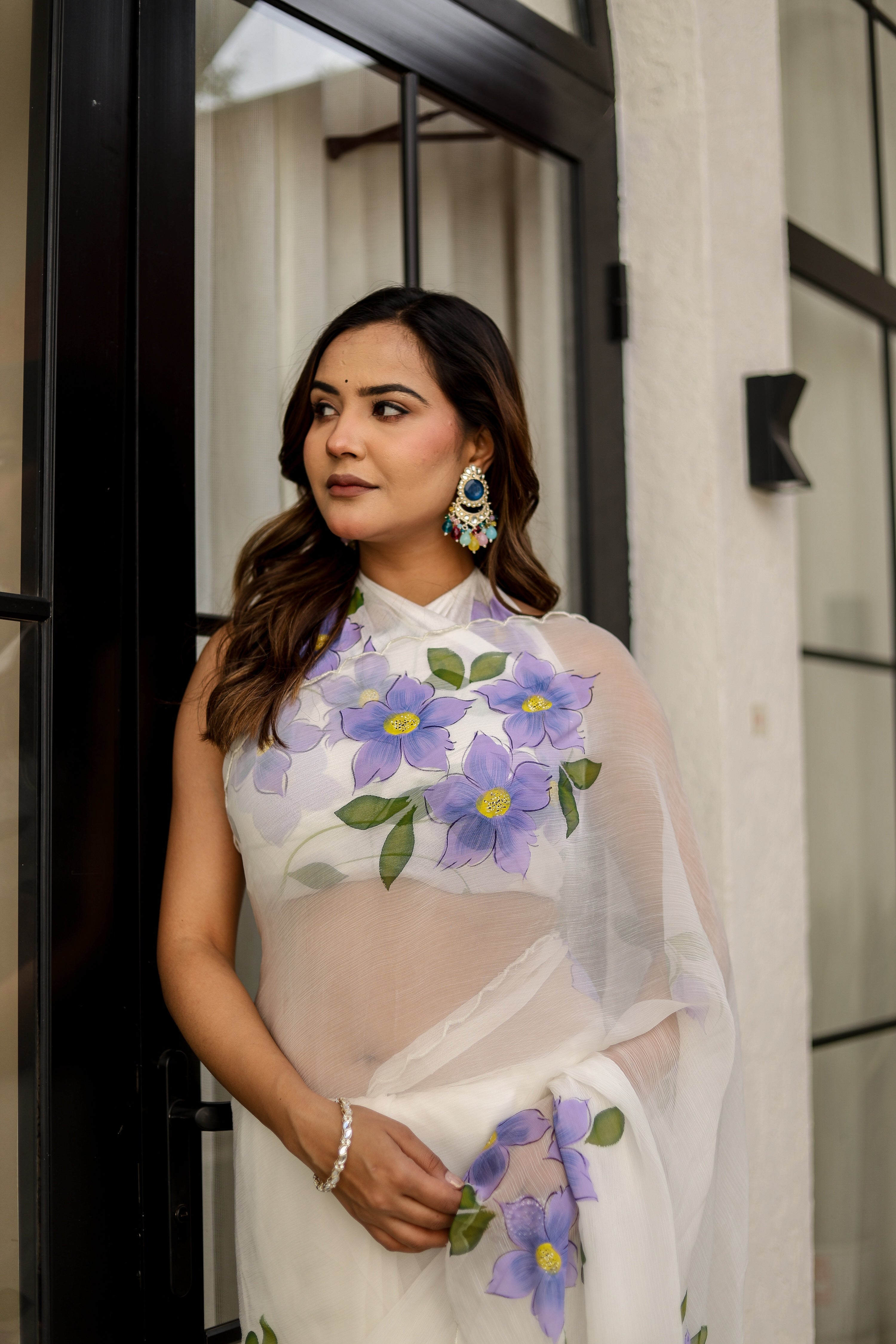 Ivory Lilac Grace (Handpainted pure viscose chiffon saree with scalloped border)